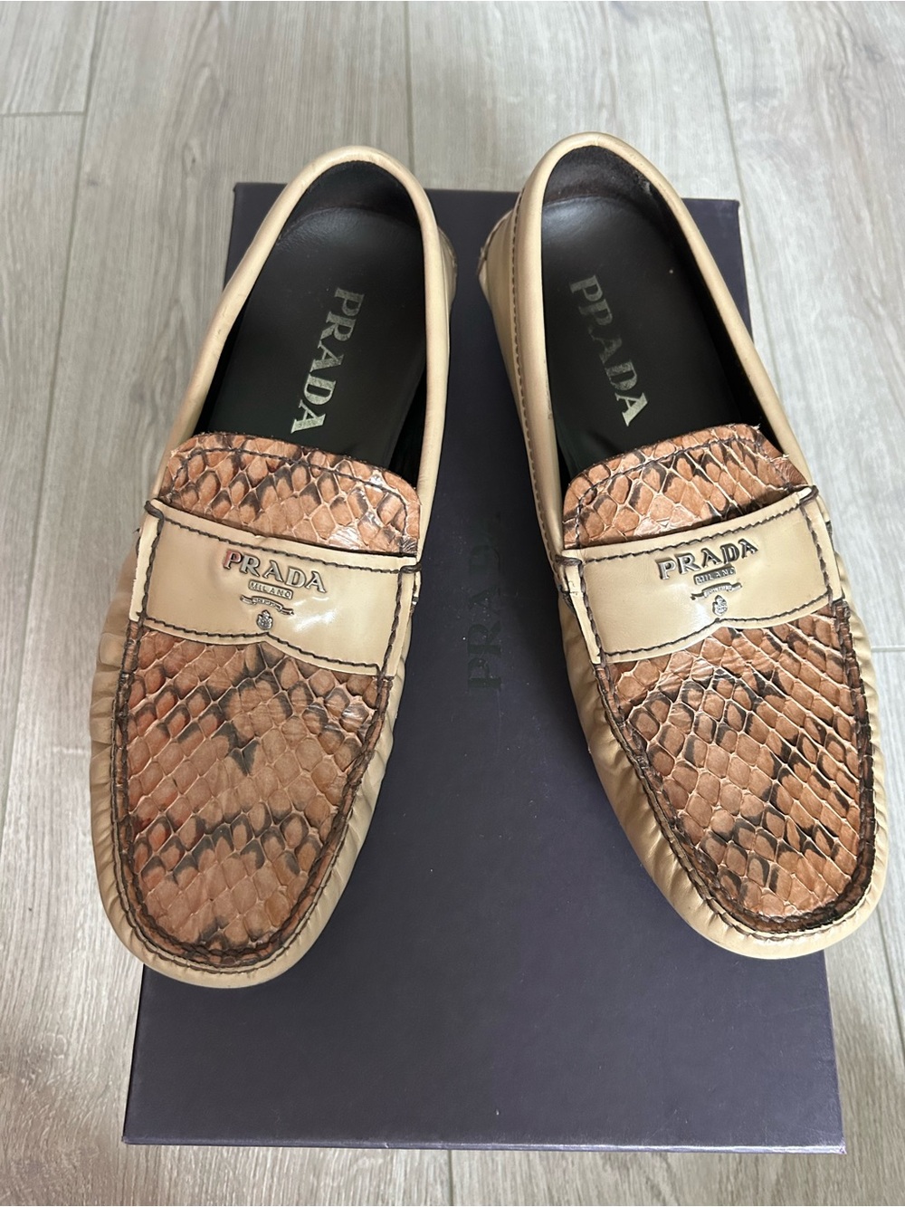 Rare PRADA Men’s Beige Brown Python-Trim Leather Loafers